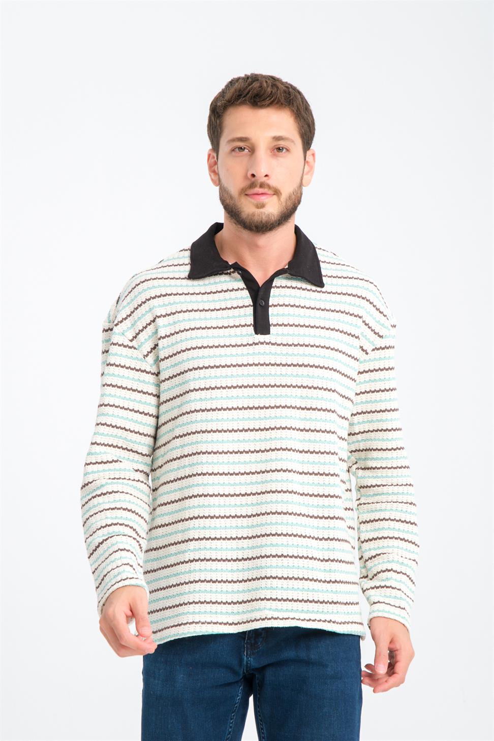 R-5839 Polo Neck Long Sleeve Striped Knit Sweatshirt – Mint