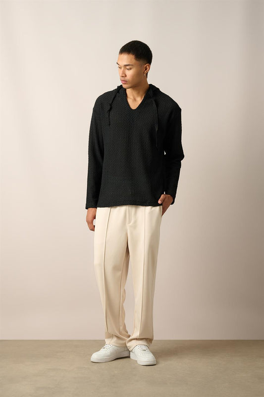 R-5840 Hooded Henley Neck Long Sleeve Spider Pattern Knit Sweatshirt – Black