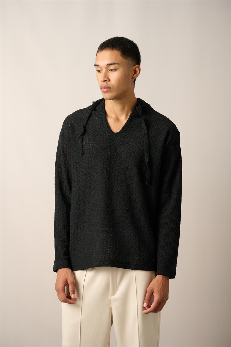 R-5840 Hooded Henley Neck Long Sleeve Spider Pattern Knit Sweatshirt – Black