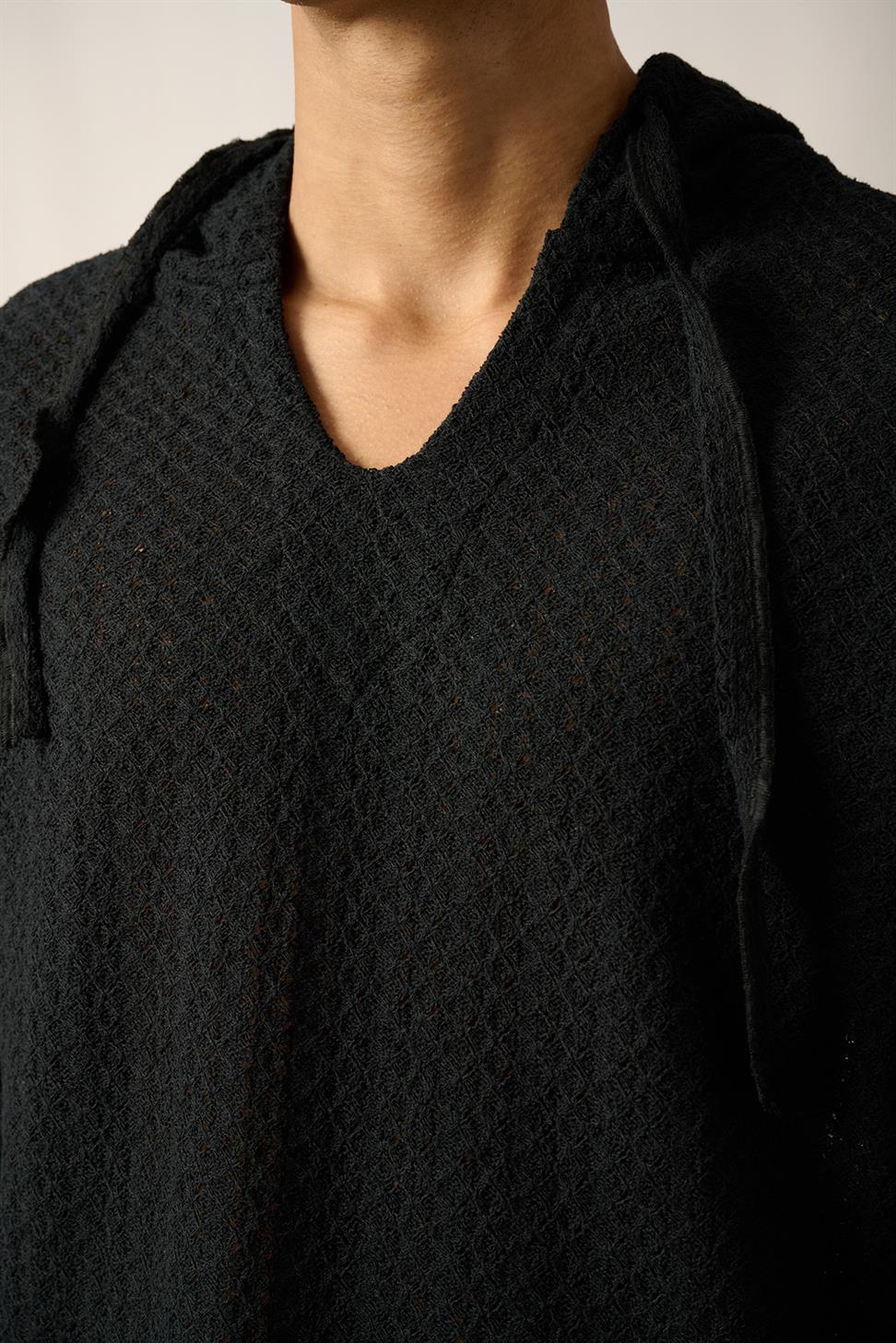 R-5840 Hooded Henley Neck Long Sleeve Spider Pattern Knit Sweatshirt – Black