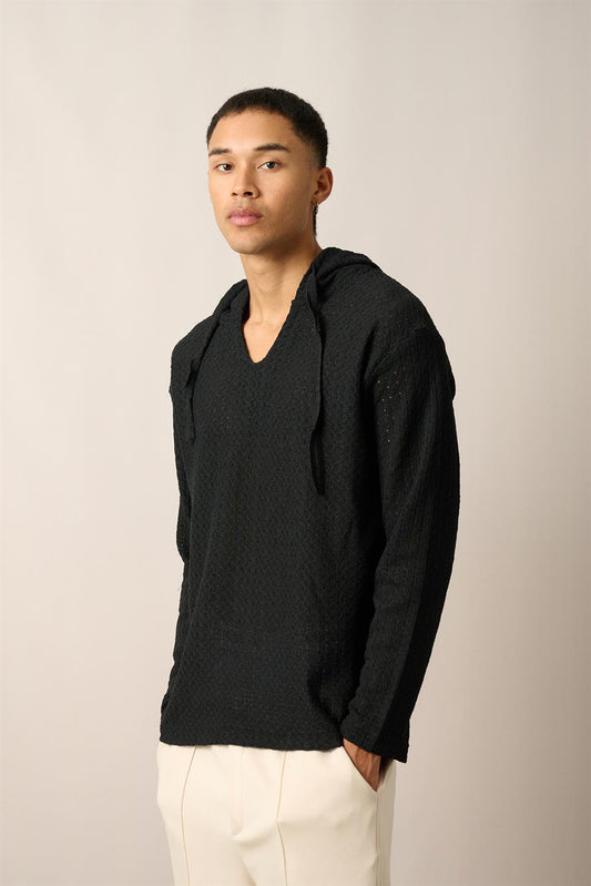 R-5840 Hooded Henley Neck Long Sleeve Spider Pattern Knit Sweatshirt – Black
