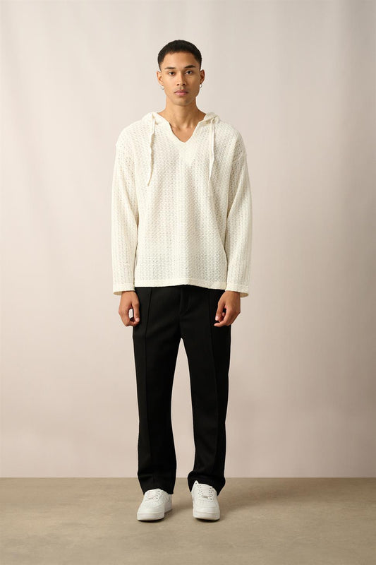 R-5840 Hooded Henley Neck Long Sleeve Spider Pattern Knit Sweatshirt – Ecru