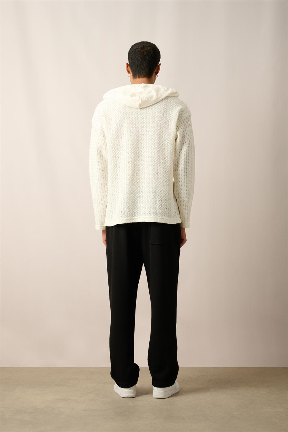 R-5840 Hooded Henley Neck Long Sleeve Spider Pattern Knit Sweatshirt – Ecru