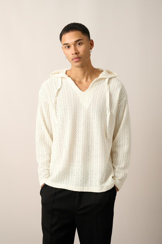 R-5840 Hooded Henley Neck Long Sleeve Spider Pattern Knit Sweatshirt – Ecru