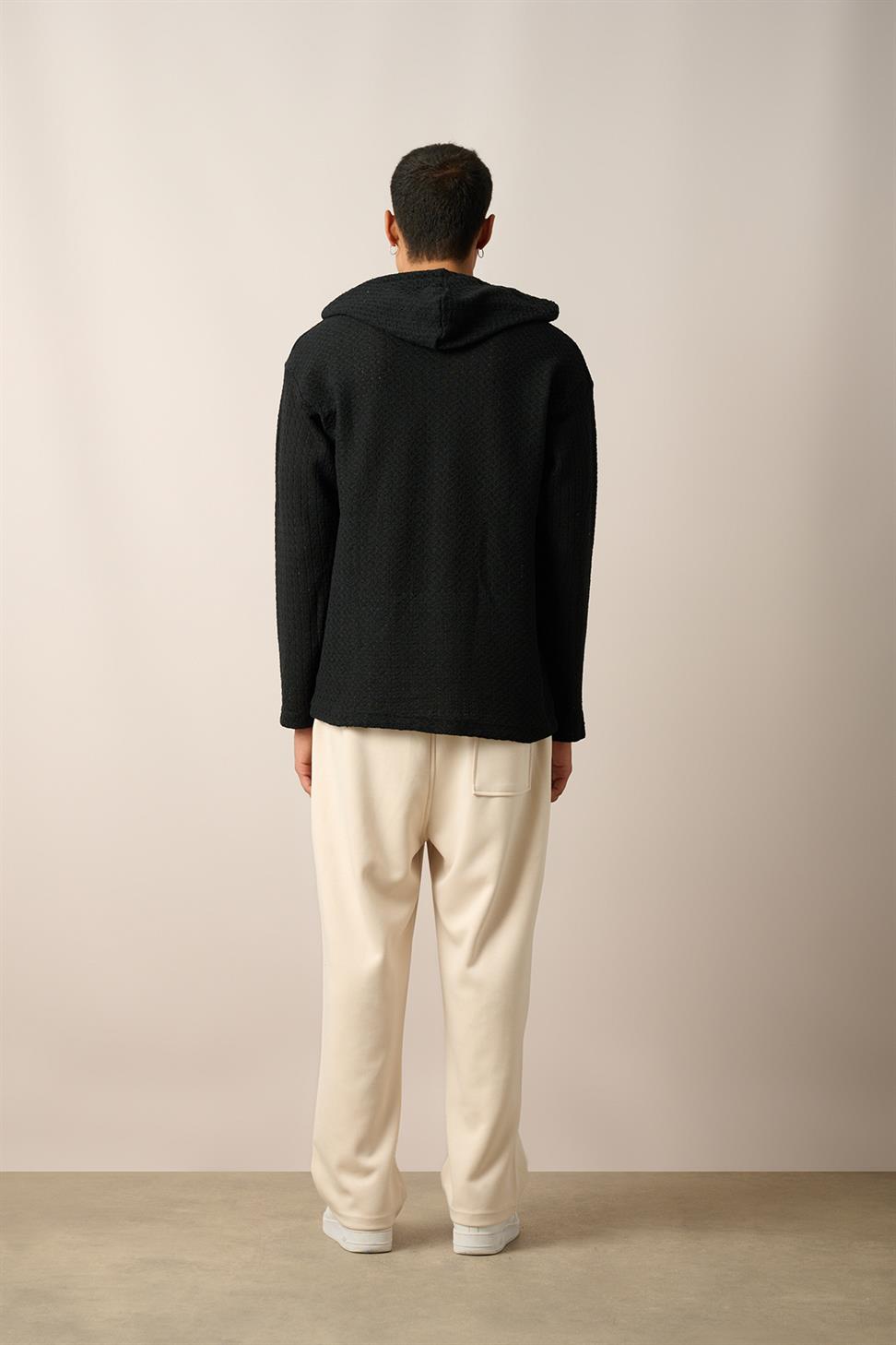 R-5840 Hooded Henley Neck Long Sleeve Spider Pattern Knit Sweatshirt – Black