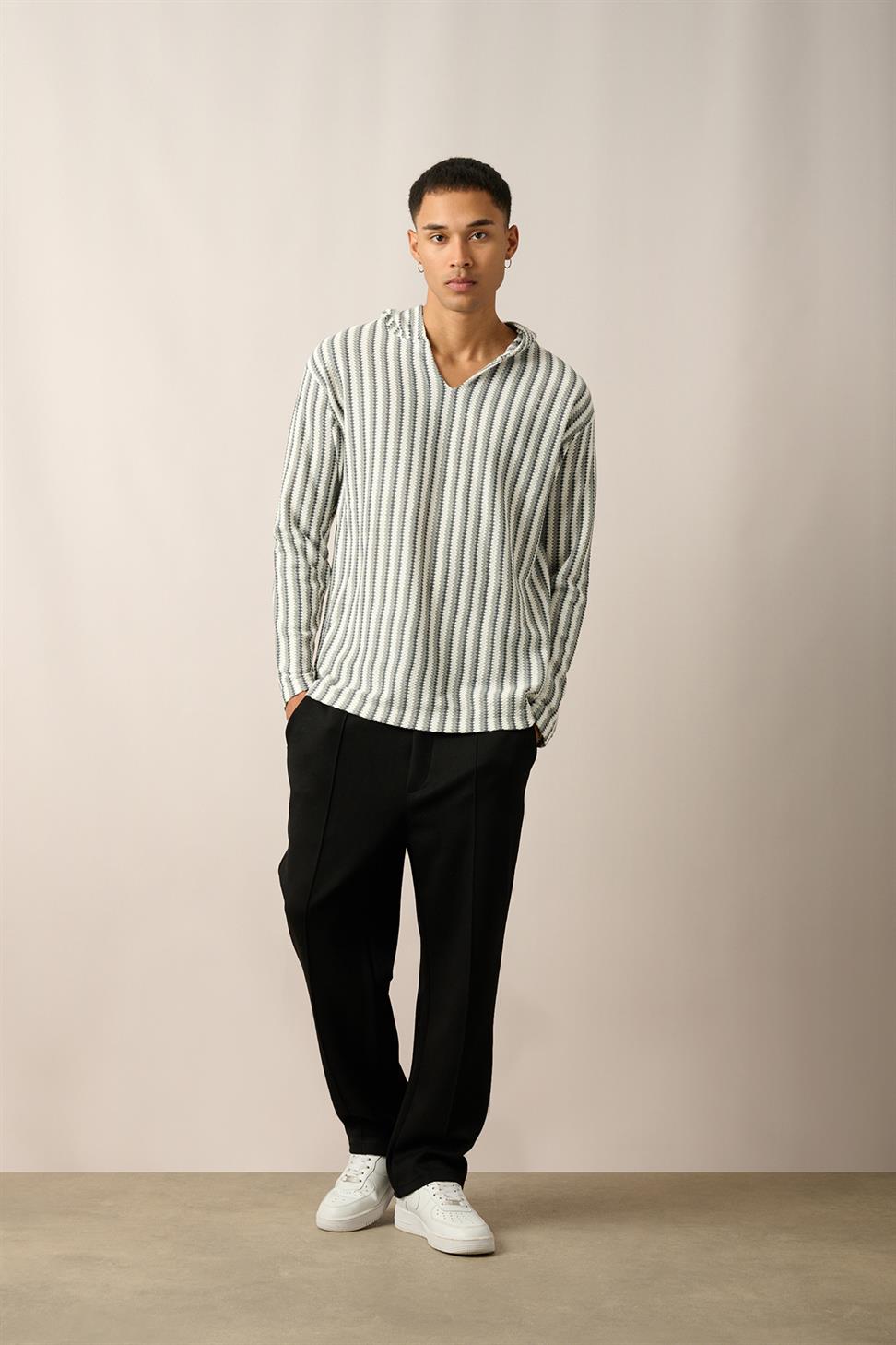 R-5842 Hooded Kangaroo Pocket Striped Knit Sweatshirt