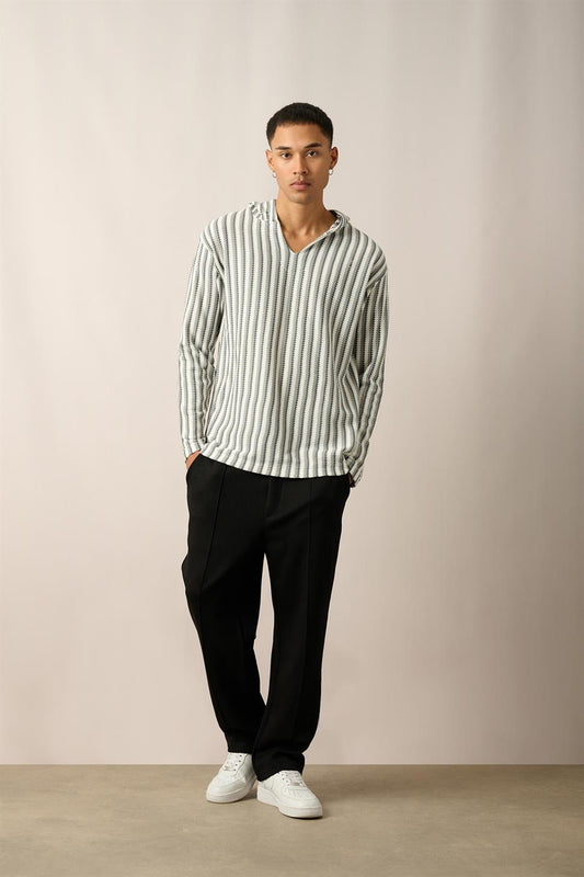 R-5842 Hooded Kangaroo Pocket Striped Knit Sweatshirt