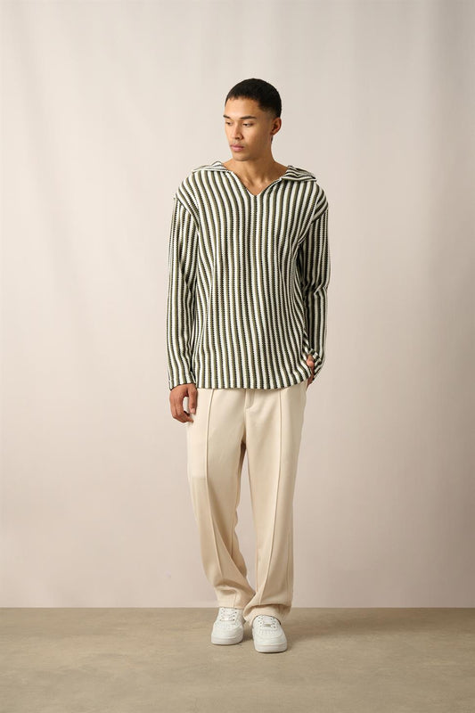 R-5842 Hooded Striped Knit Sweatshirt with Kangaroo Pocket