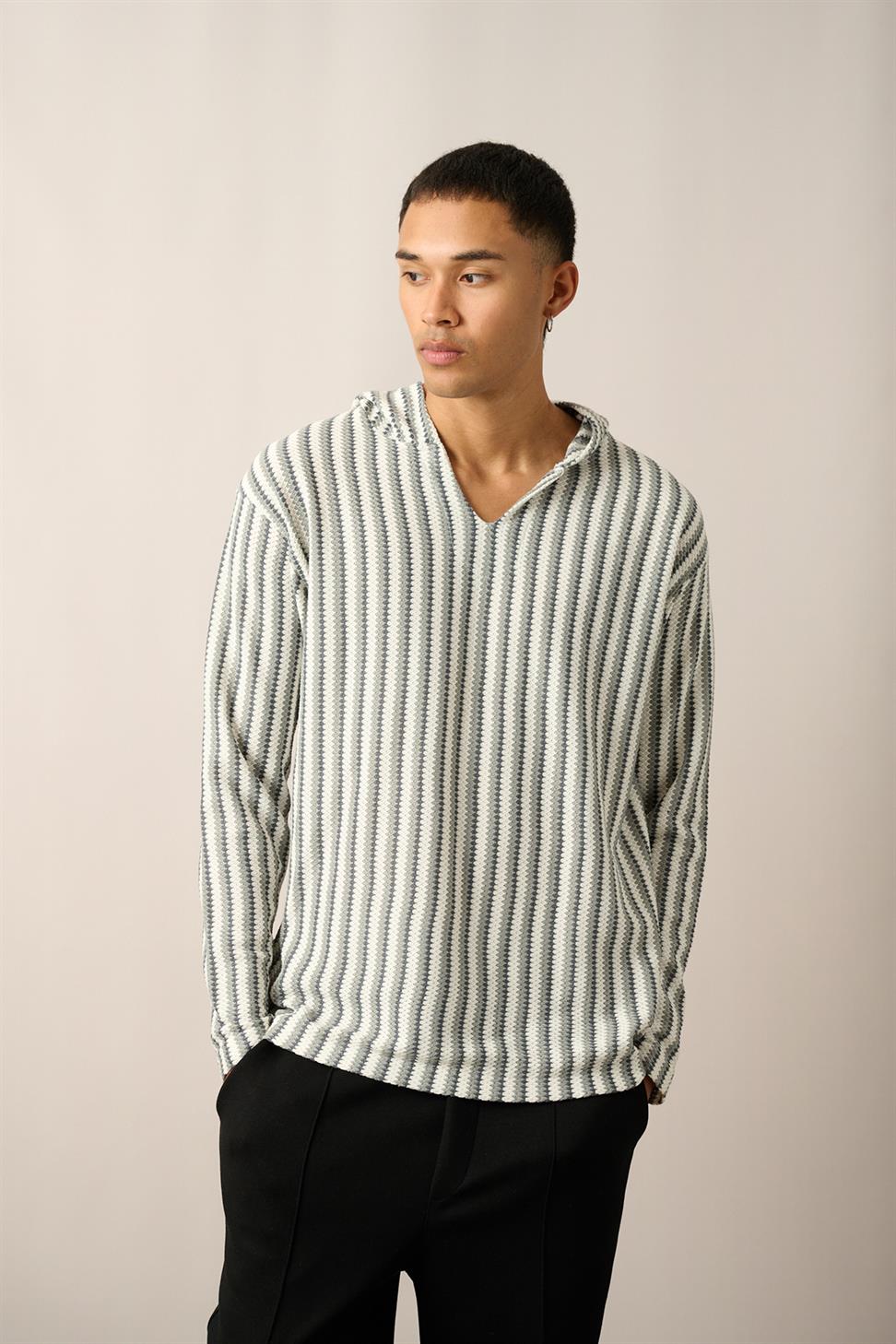 R-5842 Hooded Kangaroo Pocket Striped Knit Sweatshirt