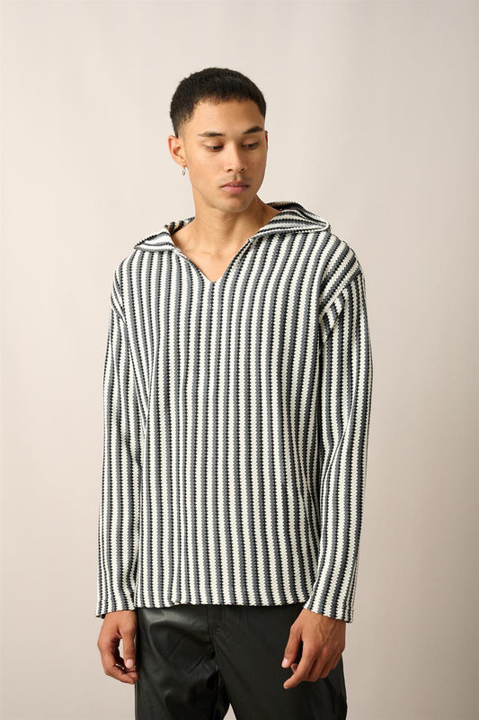 R-5842 Hooded Kangaroo Pocket Striped Knit Sweatshirt – Anthracite