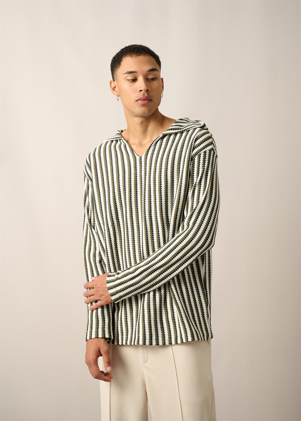 R-5842 Hooded Striped Knit Sweatshirt with Kangaroo Pocket