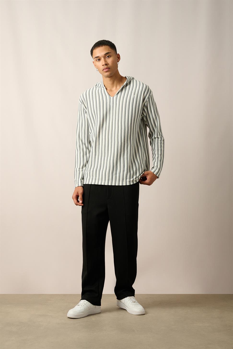 R-5842 Hooded Kangaroo Pocket Striped Knit Sweatshirt