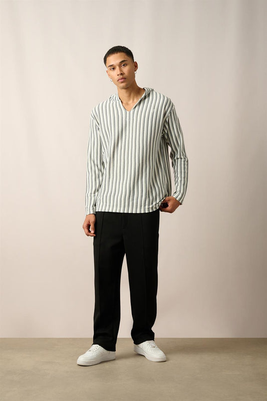 R-5842 Hooded Kangaroo Pocket Striped Knit Sweatshirt