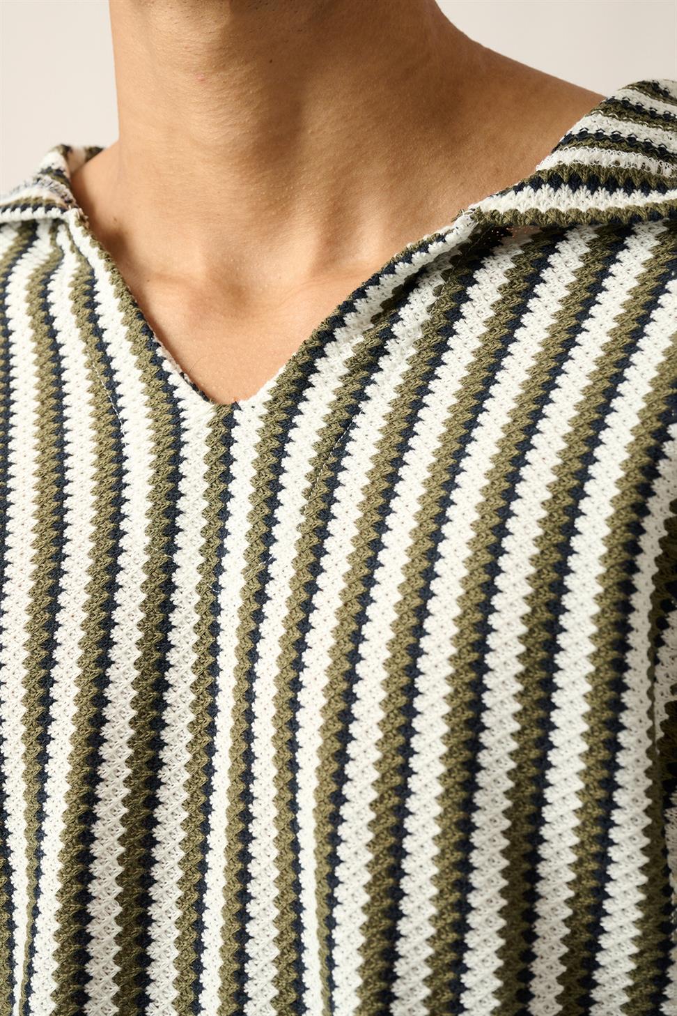 R-5842 Hooded Striped Knit Sweatshirt with Kangaroo Pocket