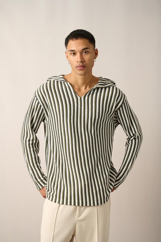 R-5842 Hooded Striped Knit Sweatshirt with Kangaroo Pocket
