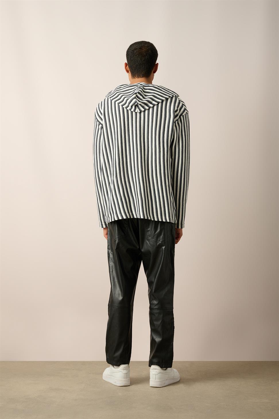 R-5842 Hooded Kangaroo Pocket Striped Knit Sweatshirt – Anthracite