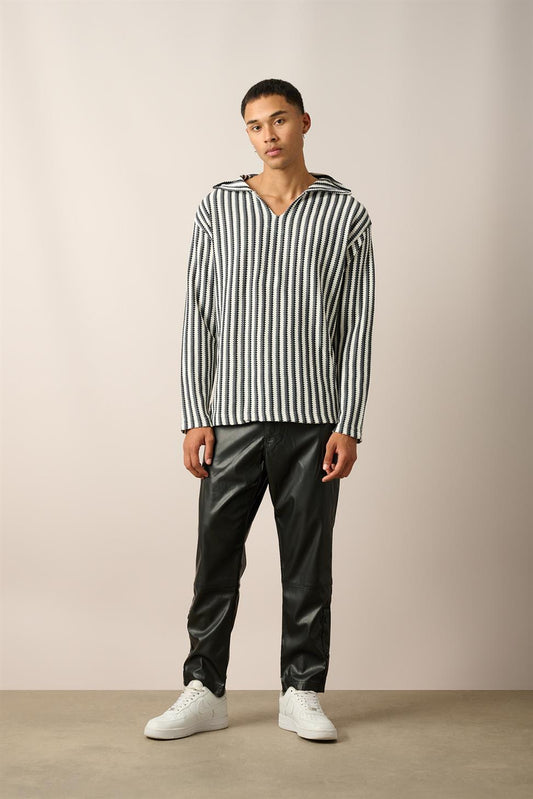 R-5842 Hooded Kangaroo Pocket Striped Knit Sweatshirt – Anthracite