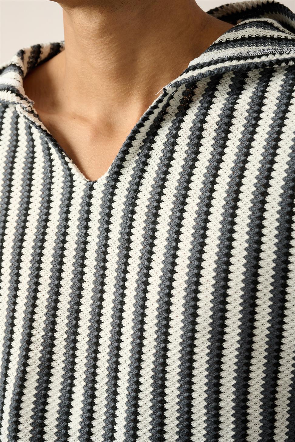 R-5842 Hooded Kangaroo Pocket Striped Knit Sweatshirt – Anthracite