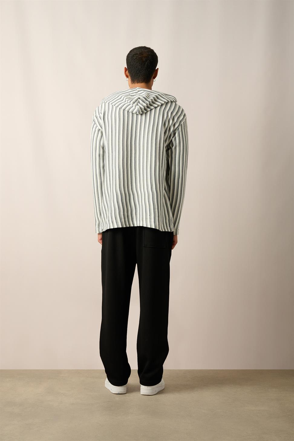 R-5842 Hooded Kangaroo Pocket Striped Knit Sweatshirt
