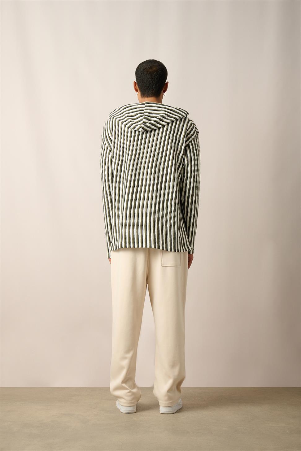 R-5842 Hooded Striped Knit Sweatshirt with Kangaroo Pocket