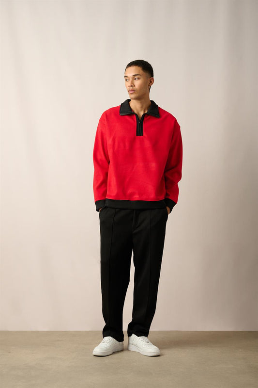 R-5844 Red Half-Zip Contrast Detail Fleece Sweatshirt