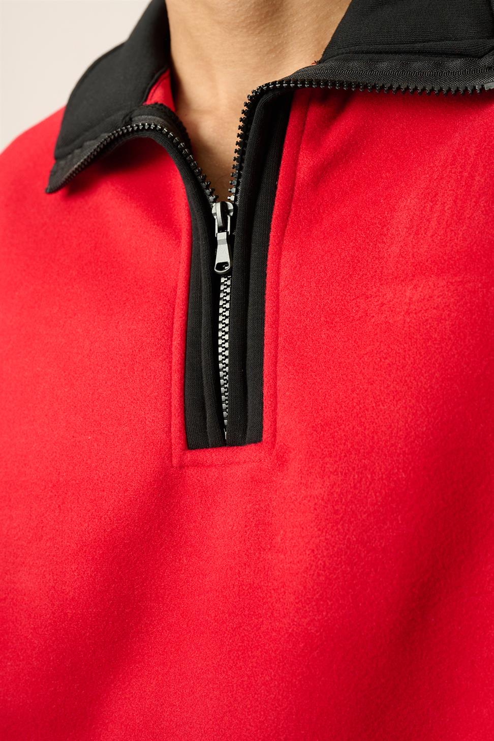 R-5844 Red Half-Zip Contrast Detail Fleece Sweatshirt