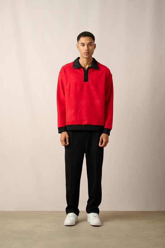 R-5844 Red Half-Zip Contrast Detail Fleece Sweatshirt