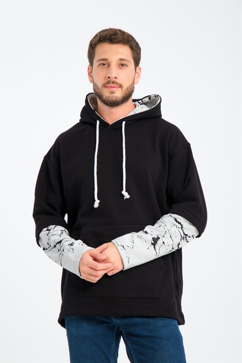 R-5845 Hooded Color-Block Sleeve Triple Fleece Sweatshirt
