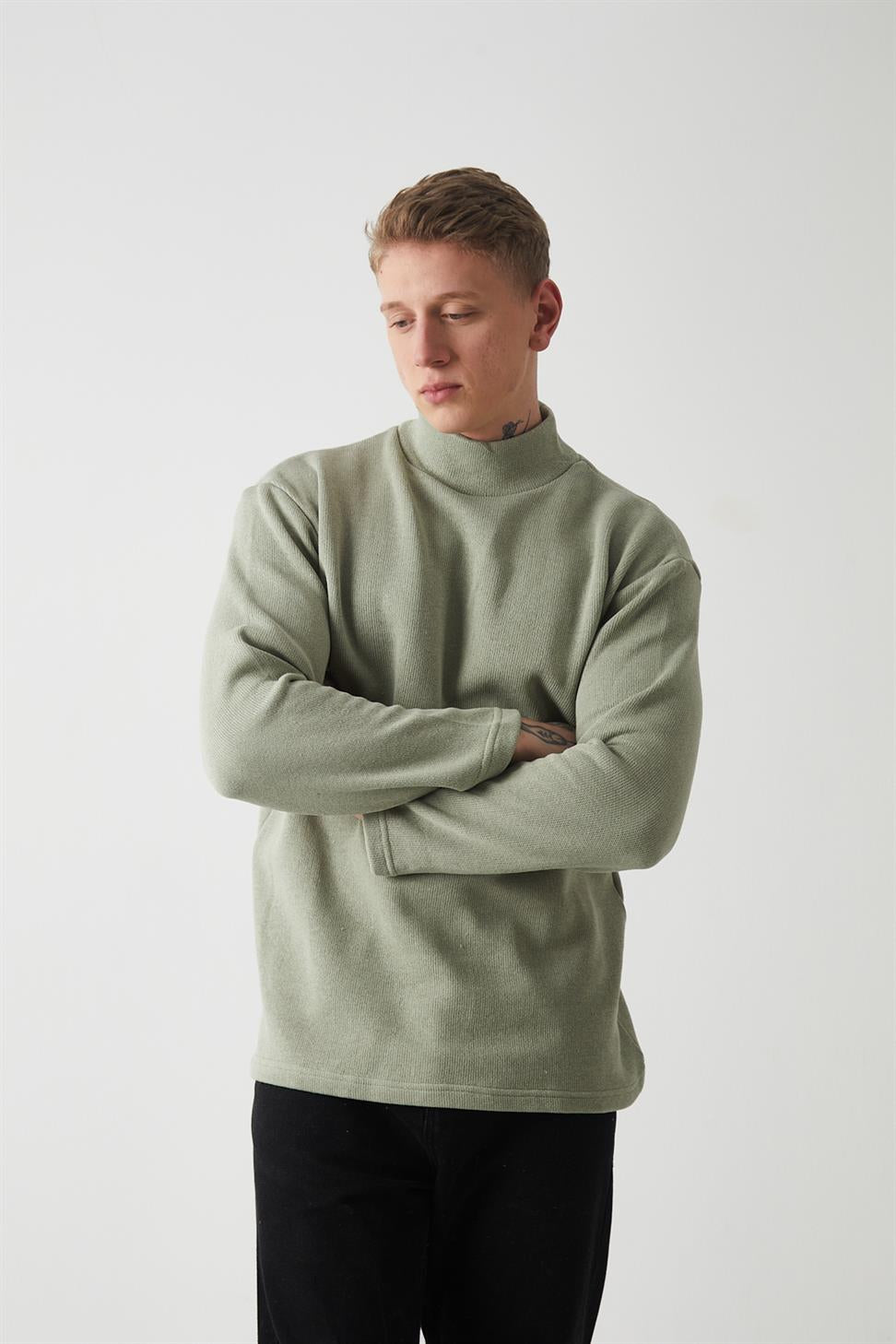 R-5849 Men’s Turtleneck Plain Knitted Sweater – Sage Green