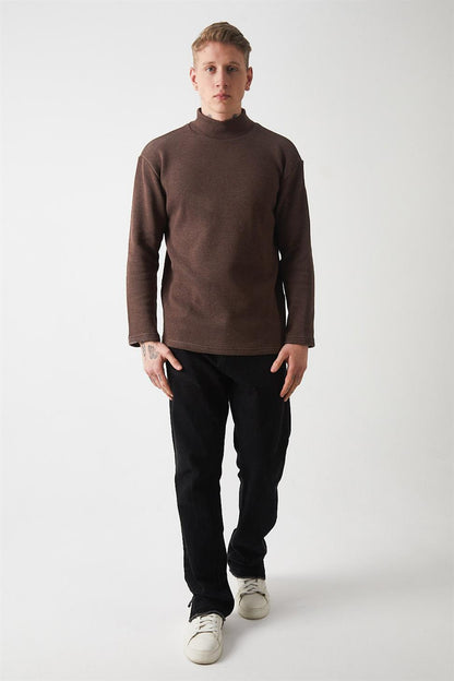 R-5849 Men’s Turtleneck Plain Knitted Sweater – Brown