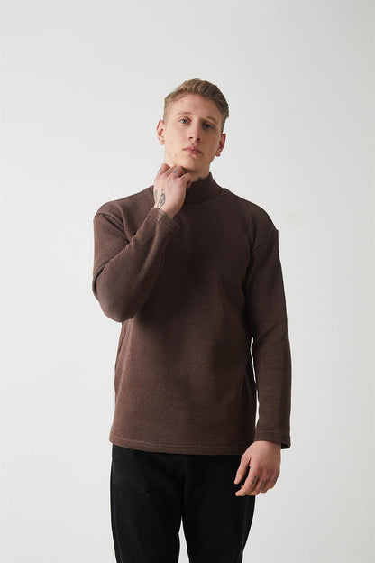 R-5849 Men’s Turtleneck Plain Knitted Sweater – Brown