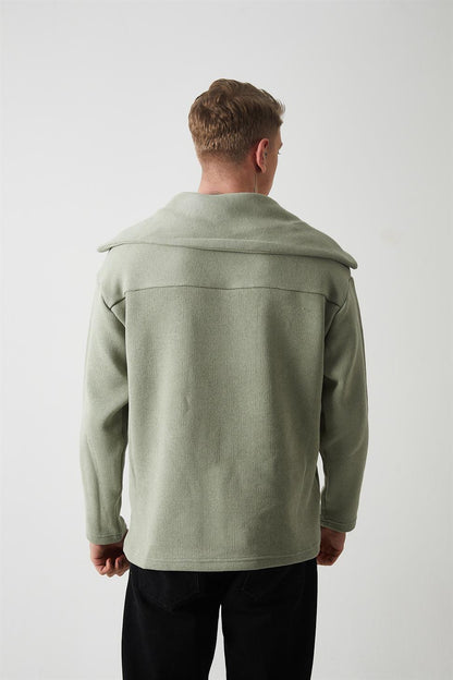 Men’s Knitted Sweatshirt with Collar Detail – Sage Green (R-5850)