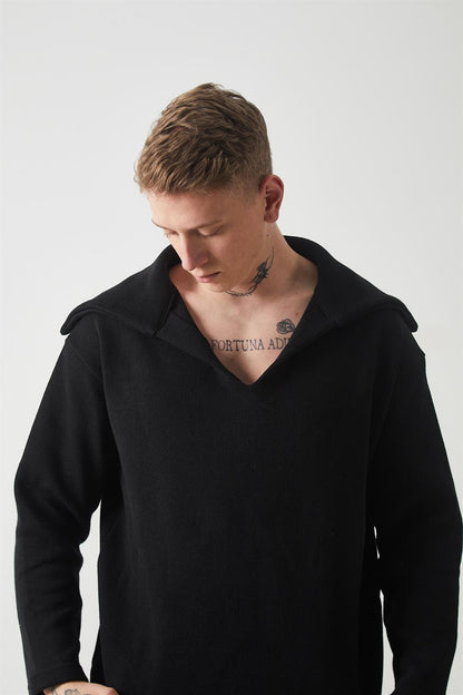 R-5850 Men’s Knitted Sweatshirt with Collar Detail – Black