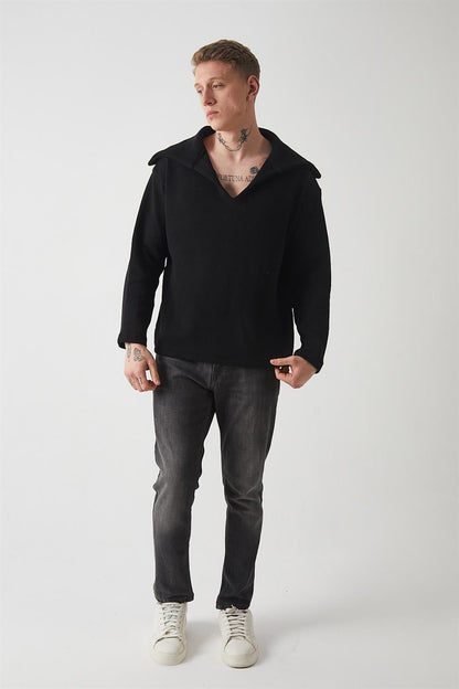 R-5850 Men’s Knitted Sweatshirt with Collar Detail – Black