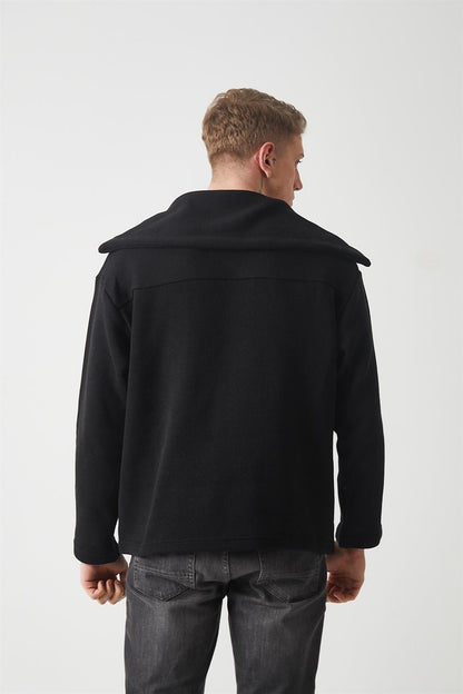 R-5850 Men’s Knitted Sweatshirt with Collar Detail – Black