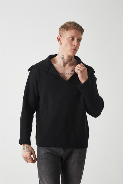 R-5850 Men’s Knitted Sweatshirt with Collar Detail – Black