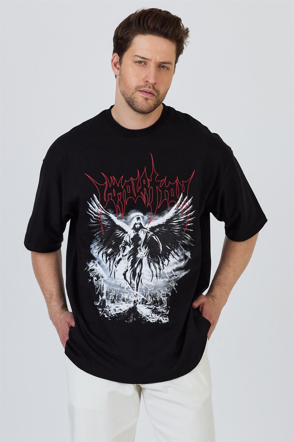 R-5859 R-5859 Men’s 100% Cotton Supima Jersey T-Shirt – Black Oversize with Angel & Graphic Print Detail