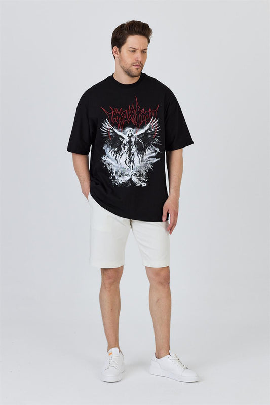 R-5859 R-5859 Men’s 100% Cotton Supima Jersey T-Shirt – Black Oversize with Angel & Graphic Print Detail