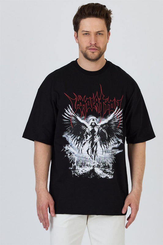 R-5859 R-5859 Men’s 100% Cotton Supima Jersey T-Shirt – Black Oversize with Angel & Graphic Print Detail