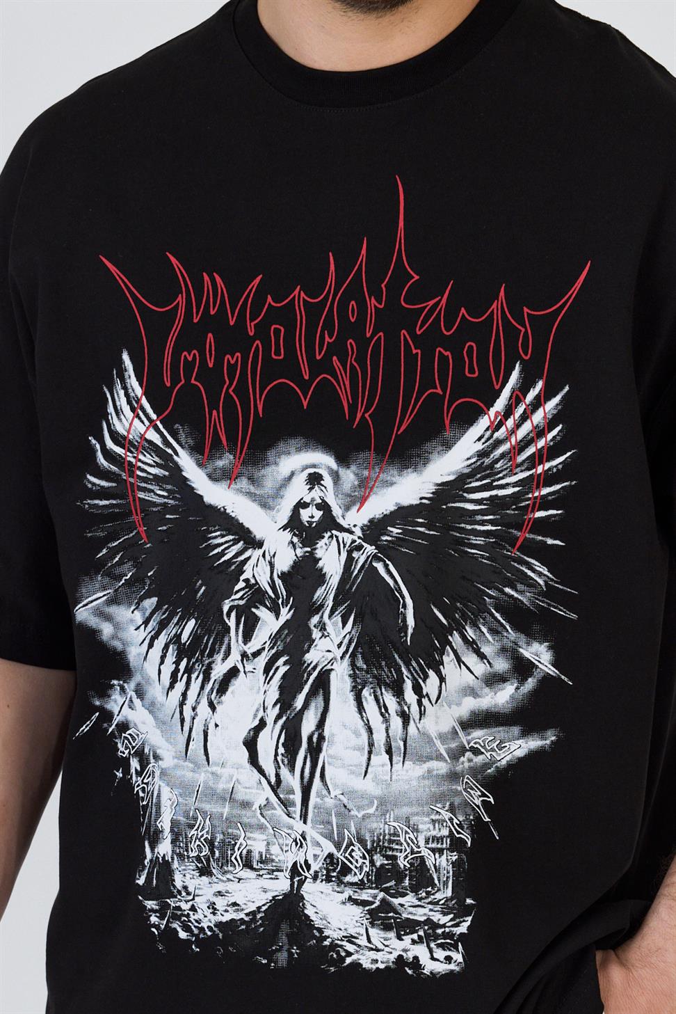 R-5859 R-5859 Men’s 100% Cotton Supima Jersey T-Shirt – Black Oversize with Angel & Graphic Print Detail