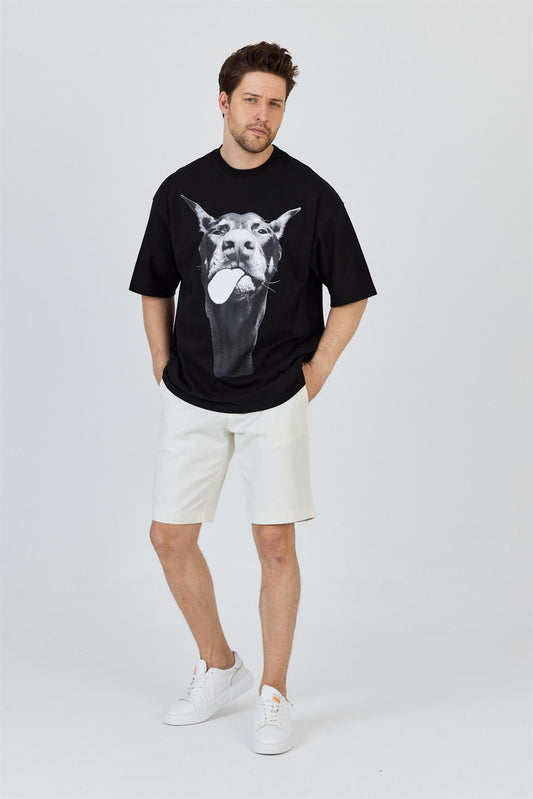 R-5861 R-5861 Men’s 100% Cotton Supima Jersey T-Shirt – Black Oversize with Dog Print Detail