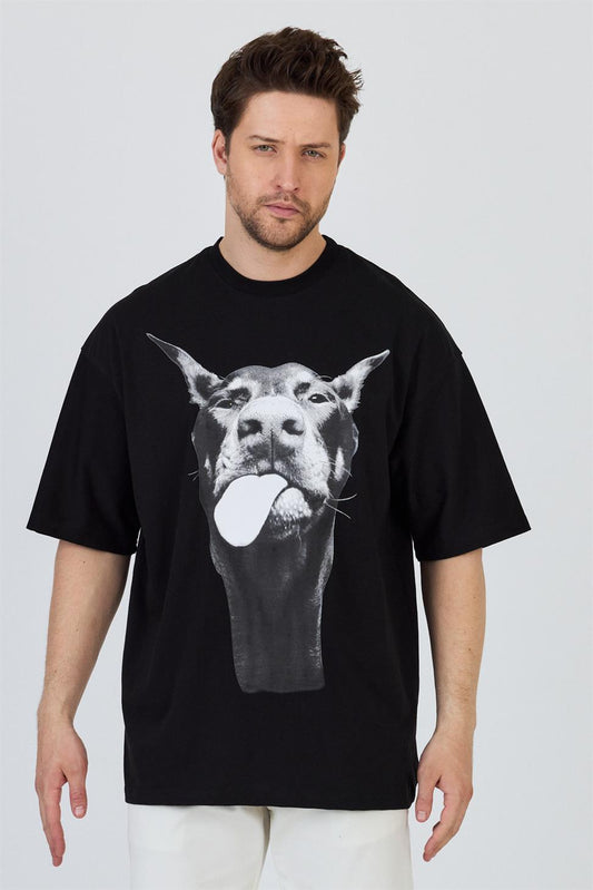 R-5861 R-5861 Men’s 100% Cotton Supima Jersey T-Shirt – Black Oversize with Dog Print Detail