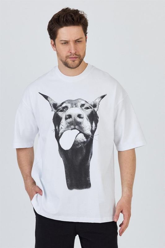 R-5861R-5861 Men’s 100% Cotton Supima Jersey T-Shirt – White Oversize with Dog Print Detail