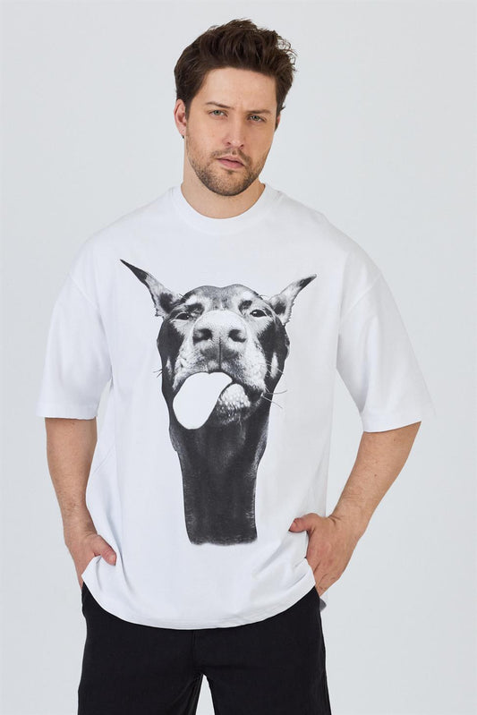 R-5861R-5861 Men’s 100% Cotton Supima Jersey T-Shirt – White Oversize with Dog Print Detail