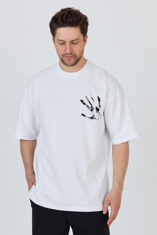 R-5863 R-5863 Men’s 100% Cotton Supima Jersey T-Shirt – White Oversize with Front & Back Print Detail