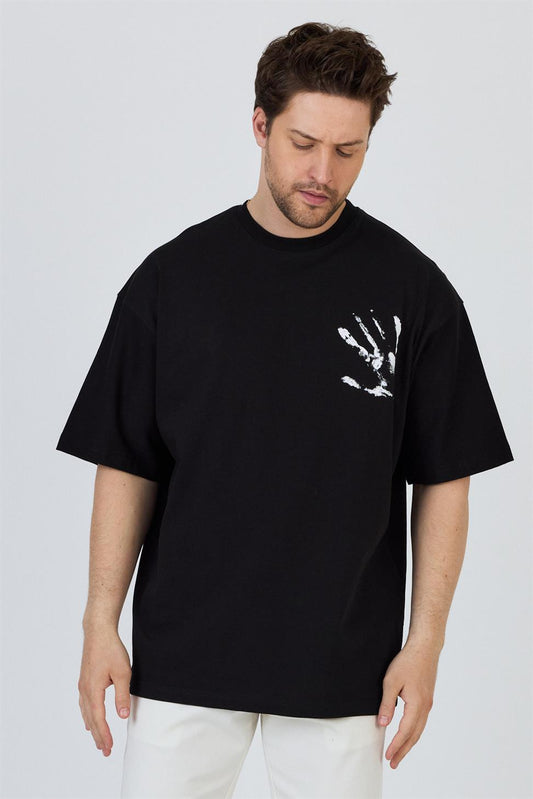 R-5863 R-5863 Men’s 100% Cotton Supima Jersey T-Shirt – Black Oversize with Front & Back Print Detail