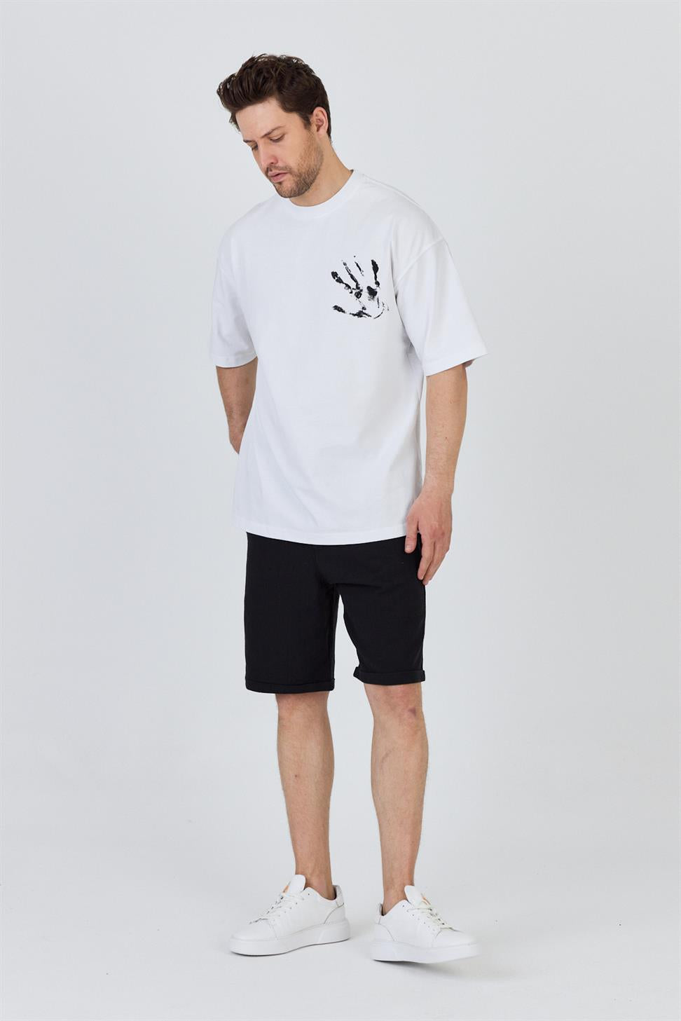 R-5863 R-5863 Men’s 100% Cotton Supima Jersey T-Shirt – White Oversize with Front & Back Print Detail