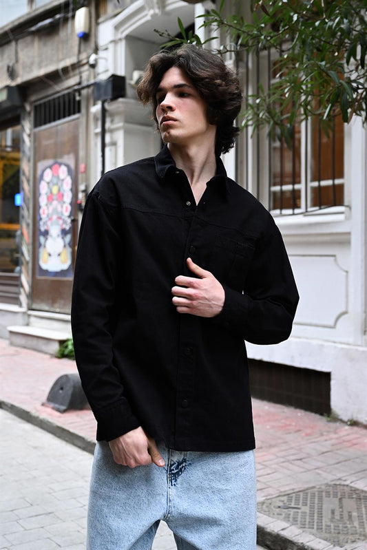 R-6003 Pocket Detail Denim Jacket – Black