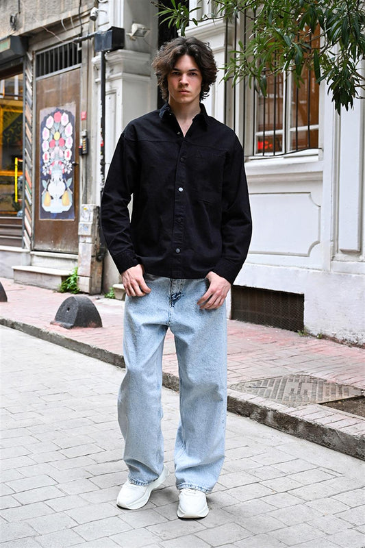 R-6003 Pocket Detail Denim Jacket – Black