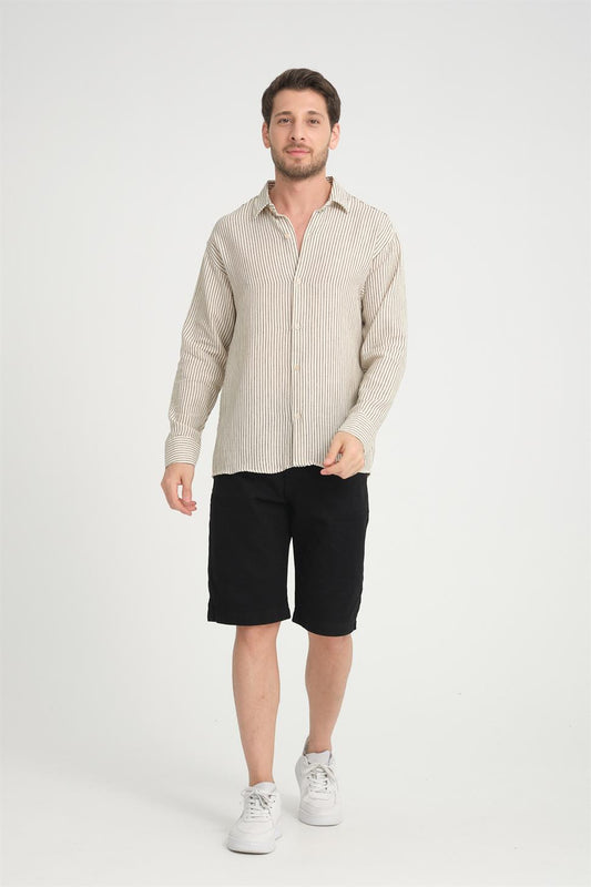 R-6034 Stand Collar Long Sleeve Striped Shirt – Beige